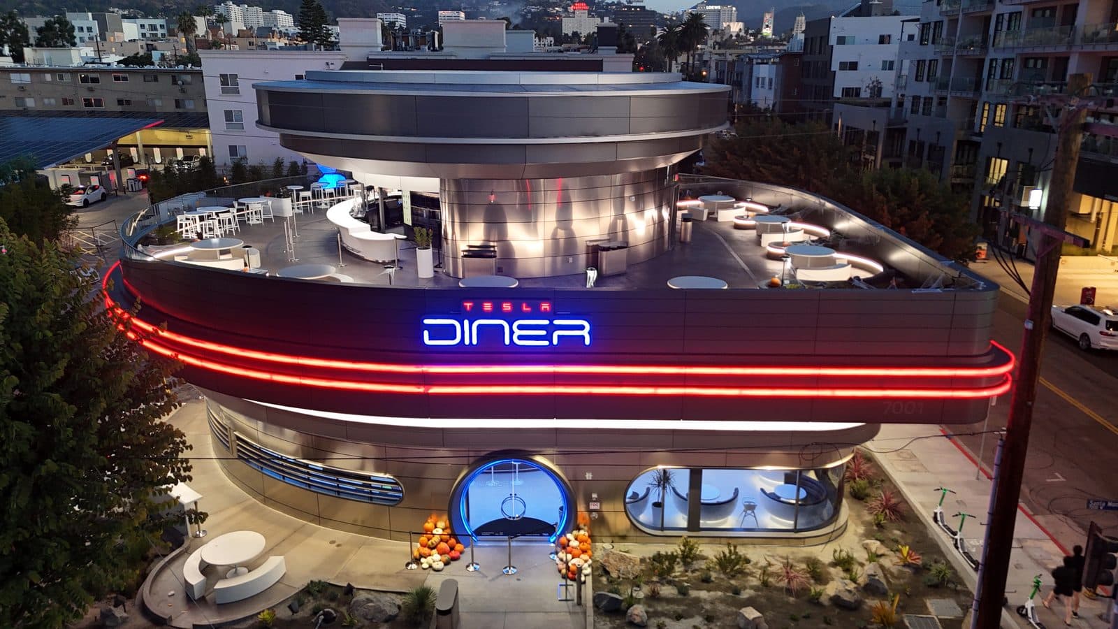Aerial photo of the Tesla Diner, Hollywood